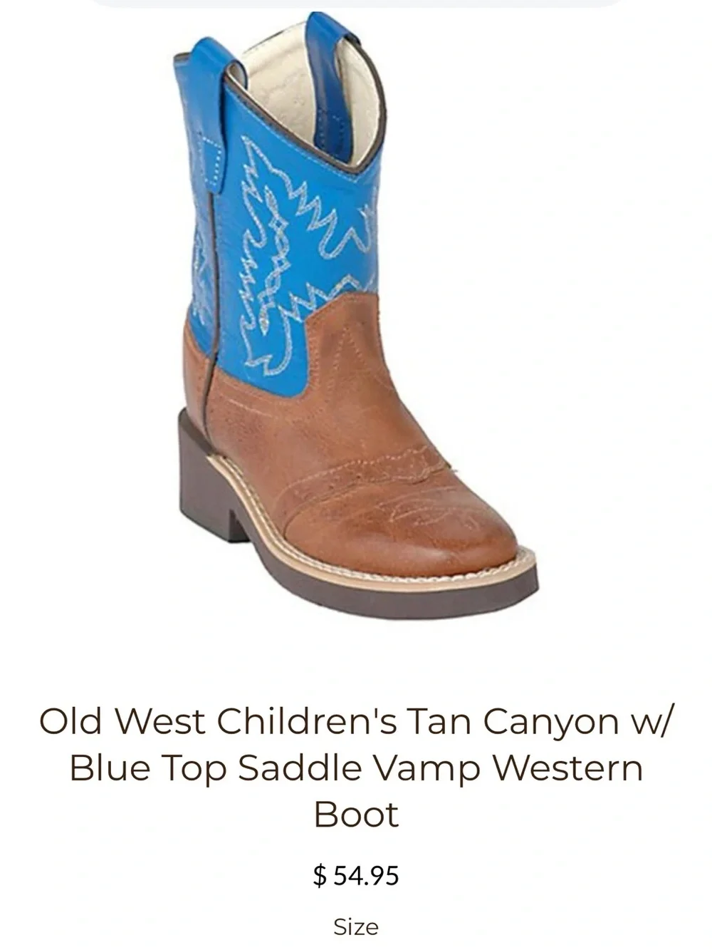Old West Children's Tan Canyon w/ Blue Top Saddle Vamp Western Boot